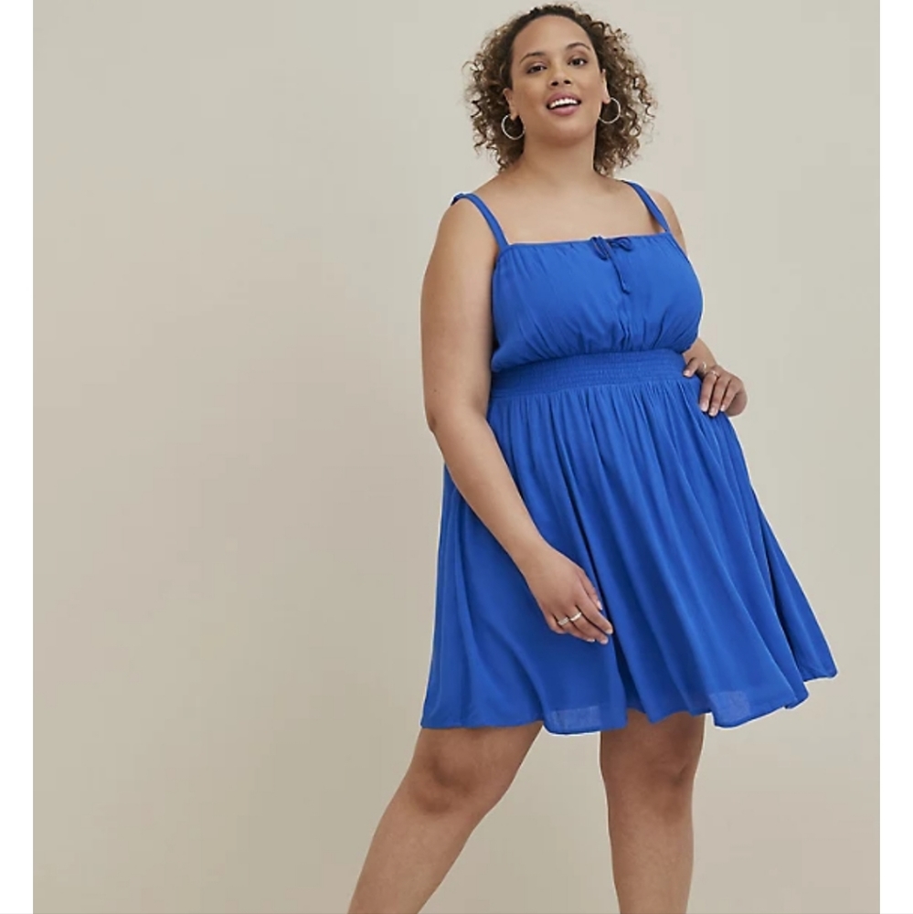 NWT Torrid 1X MINI GAUZE SMOCKED WAIST DRESS Blue